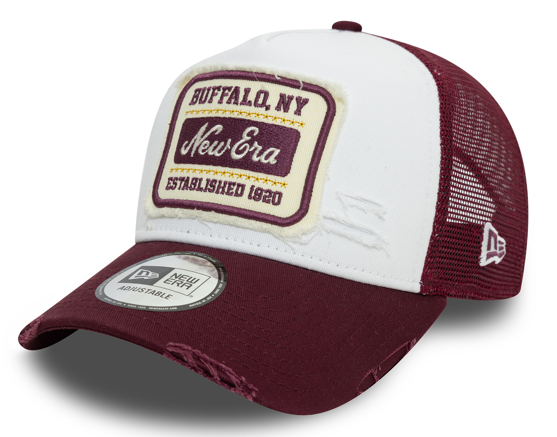 New Era Patch Distress Trucker Cap White Maroon 25060