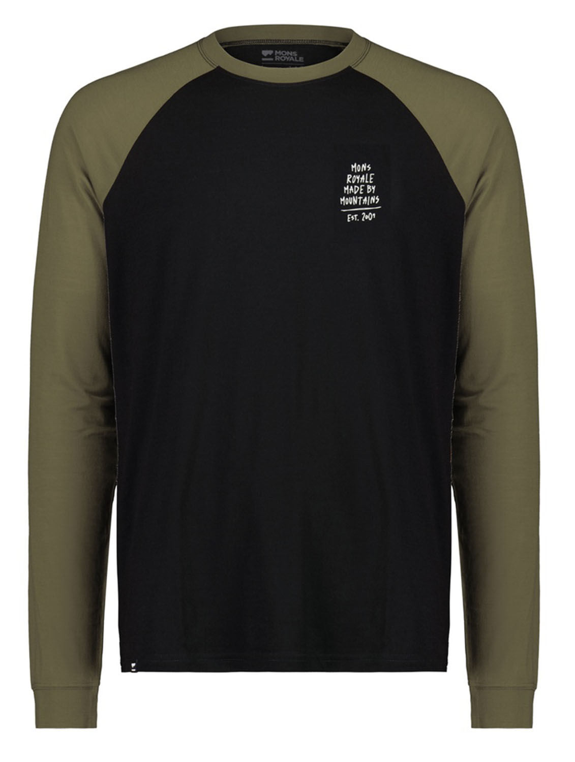 Mons Royale Icon Raglan MBM Shirt Graffiti Dark Olive Black 23653 Mons Royale Icon Raglan MBM Shirt Graffiti Dark Olive Black 23653