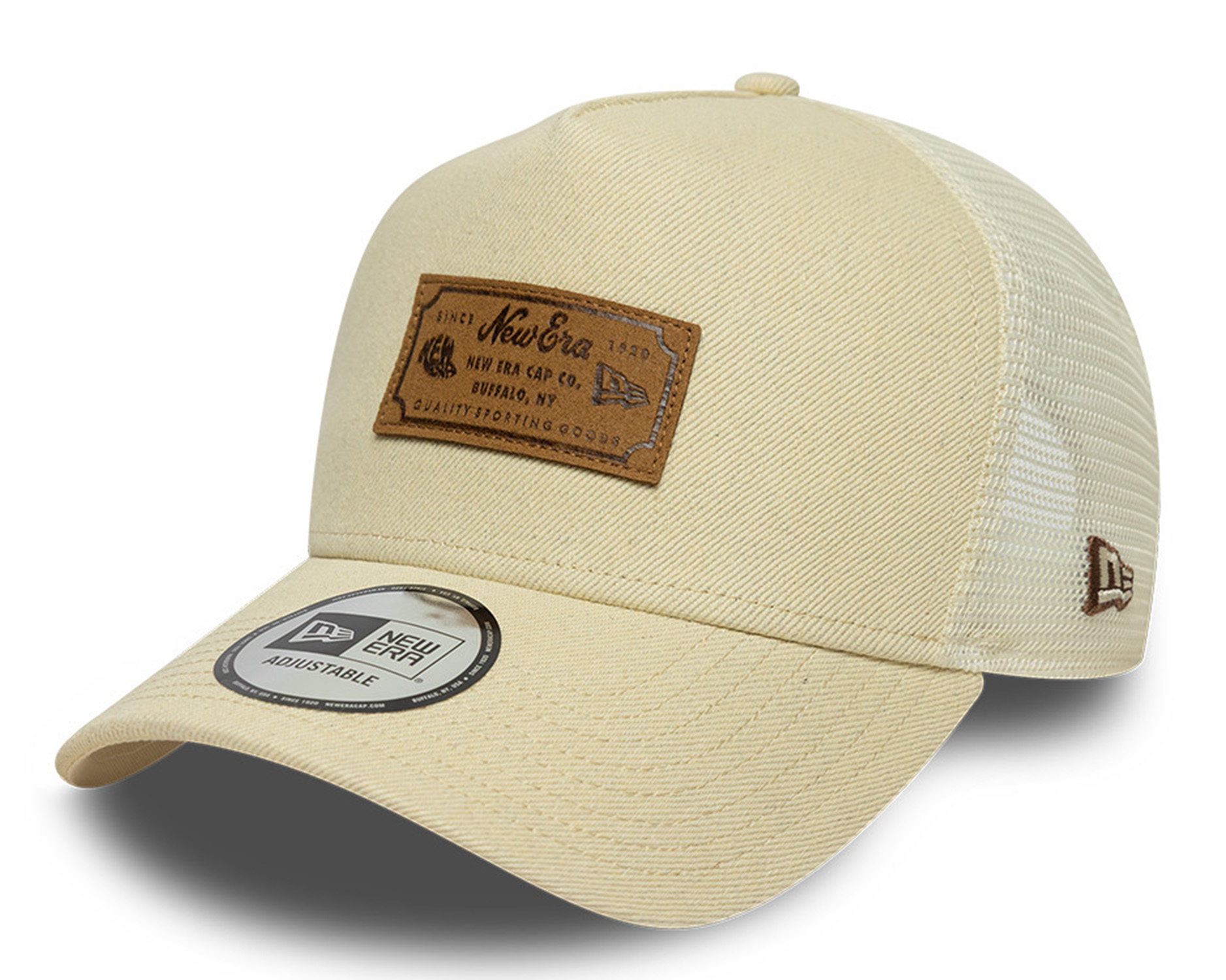 New Era Denim Leather Patch Trucker Cap Beige 26151